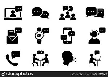 Community People Talk on Online Conference Collaboration Glyph Pictogram. Person Text Message in Chat, Interview Talk, Communication Speech Bubble Silhouette Icon Set. Isolated Vector Illustration.. Community People Talk on Online Conference Collaboration Glyph Pictogram. Person Text Message in Chat, Interview Talk, Communication Speech Bubble Silhouette Icon Set. Isolated Vector Illustration