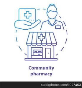 Community pharmacy concept icon. Social, government service idea thin line illustration. Free, insured apothecary. Discounted drugs, medicine. Vector isolated outline drawing