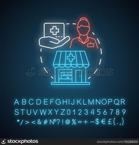 Community pharmacy neon light concept icon. Social, government service idea. Discounted drugs, medicine. Glowing sign with alphabet, numbers and symbols. Vector isolated illustration