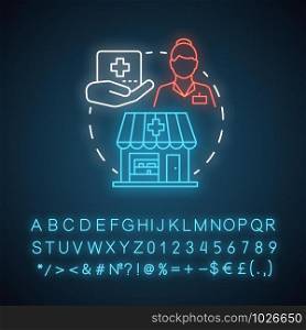 Community pharmacy neon light concept icon. Social, government service idea. Discounted drugs, medicine. Glowing sign with alphabet, numbers and symbols. Vector isolated illustration