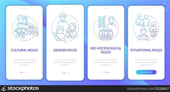 Community roles blue gradient onboarding mobile app page screen. Cultural position walkthrough 4 steps graphic instructions with concepts. UI, UX, GUI vector template with linear color illustrations. Community roles blue gradient onboarding mobile app page screen