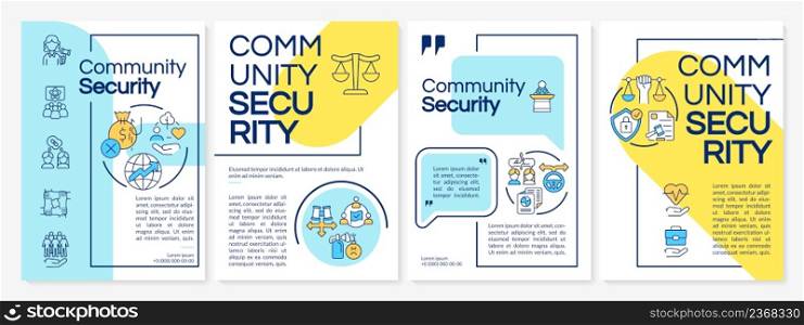 Community security blue and yellow brochure template. Ethnic group. Leaflet design with linear icons. 4 vector layouts for presentation, annual reports. Questrial, Lato-Regular fonts used. Community security blue and yellow brochure template