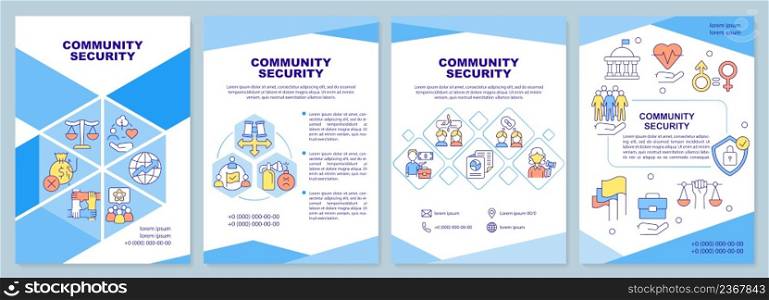 Community security blue brochure template. Ethnic group. Leaflet design with linear icons. 4 vector layouts for presentation, annual reports. Arial-Black, Myriad Pro-Regular fonts used. Community security blue brochure template