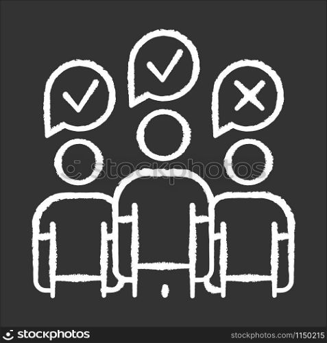Community survey chalk icon. Group administered questionnaire. Opinion polling. Social research. Feedback. Customer satisfaction. Sampling. Data collection. Isolated vector chalkboard illustration