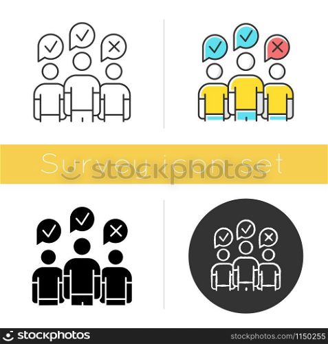 Community survey icon. Group administered questionnaire. Public opinion polling. Social research. Customer satisfaction. Glyph design, linear, chalk and color styles. Isolated vector illustrations