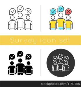 Community survey icon. Group administered questionnaire. Public opinion polling. Social research. Customer satisfaction. Glyph design, linear, chalk and color styles. Isolated vector illustrations