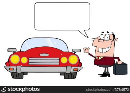 Commuter Businessman And Convertible Car And Speech Bubble