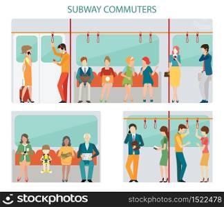 Commuters subway or passangers activities in subway, interior subway train, Flat design with character vector illustration.