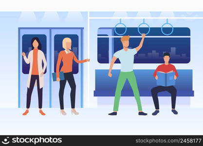 Commuters travelling by subway train. Men and women sitting, standing and reading in carriage. Public transport concept. Vector illustration can be used for topics like passengers, city, tube