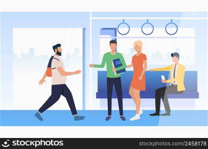 Commuting passengers travelling by train. Using smartphone, carriage with open doors. Public transport concept. Vector illustration can be used for topics like city, commuters, station