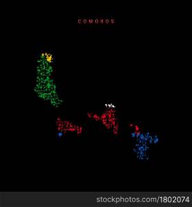 Comoros flag map, chaotic particles pattern in the colors of the Union of the Comoros flag. Vector illustration isolated on black background.. Comoros flag map, chaotic particles pattern in the Union of the Comoros flag colors. Vector illustration