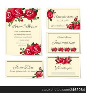 Comp≤te set of wedding card templates covering invitation cards  thank you  just married  name place setting  and save the date decorated with e≤gant red roses symbolic of love and romance