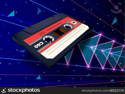 Compact cassette flying in space with laser rays and neon triangles for 80s styled new retro wave music party poster, banner or event invitation. Compact cassette in space with laser rays and neon triangles for 80s styled new retro wave music party poster, banner or event invitation