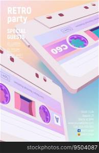 Compact cassette poster with vaporwave blue and pink colors and flying old music mix tapes on retro 80s styled party invitation