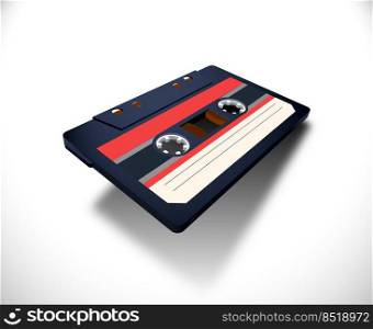 Compact cassette with C60 tape in perspective view for 80s styled covers, banners and party posters. Compact cassette with C60 tape in perspective view