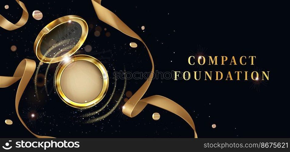 Compact foundation, powder cosmetics open golden jar top view ad poster. Makeup cosmetic package, beauty product for face care on black background with ribbon and sparkles Realistic 3d vector banner. Compact foundation, powder cosmetics open gold jar
