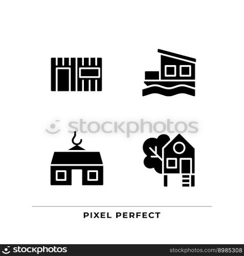 Compact houses black glyph icons set on white space. Modular and container homes. Treehouse for recreation. houseboat. Silhouette symbols. Solid pictogram pack. Vector isolated illustration. Compact houses black glyph icons set on white space