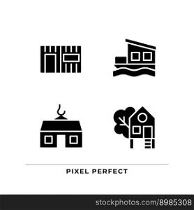 Compact houses black glyph icons set on white space. Modular and container homes. Treehouse for recreation. houseboat. Silhouette symbols. Solid pictogram pack. Vector isolated illustration. Compact houses black glyph icons set on white space