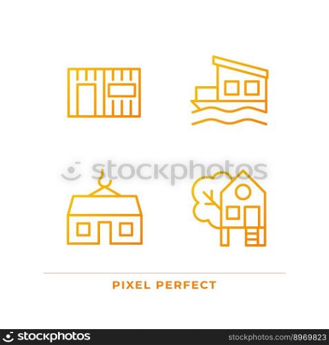 Compact houses pixel perfect gradient linear vector icons set. Modular, container homes. Treehouse for recreation. Thin line contour symbol designs bundle. Isolated outline illustrations collection. Compact houses pixel perfect gradient linear vector icons set