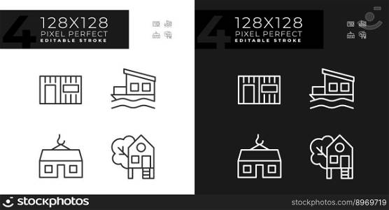 Compact houses pixel perfect linear icons set for dark, light mode. Modular, container homes. Treehouse for recreation. Thin line symbols for night, day theme. Isolated illustrations. Editable stroke. Compact houses pixel perfect linear icons set for dark, light mode