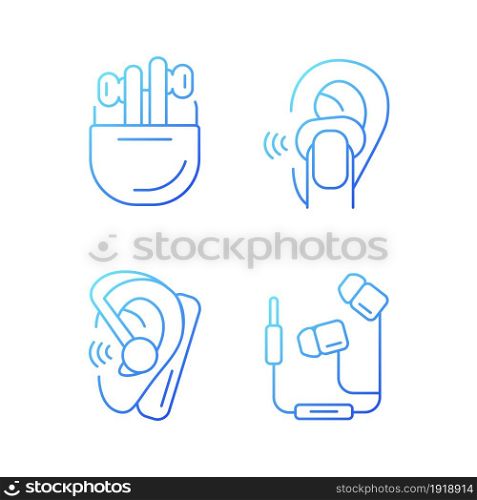 Compact in ear earphones gradient linear vector icons set. Small earpieces for listening music. Wireless and wired devices. Thin line contour symbols bundle. Isolated outline illustrations collection. Compact in ear earphones gradient linear vector icons set