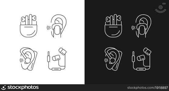 Compact in ear earphones linear icons set for dark and light mode. Small earpieces for listening music. Customizable thin line symbols. Isolated vector outline illustrations. Editable stroke. Compact in ear earphones linear icons set for dark and light mode