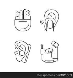 Compact in ear earphones linear icons set. Small earpieces for listening music and for calls. Customizable thin line contour symbols. Isolated vector outline illustrations. Editable stroke. Compact in ear earphones linear icons set