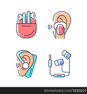 Compact in ear earphones RGB color icons set. Small earpieces for listening music and for calls. Wireless and wired devices. Isolated vector illustrations. Simple filled line drawings collection. Compact in ear earphones RGB color icons set