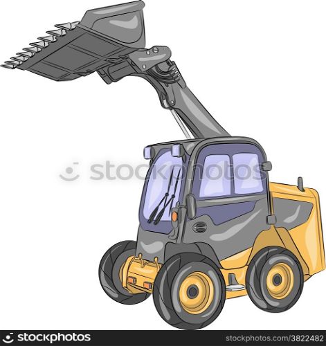 Compact mini loader with raised bucket isolated on a white background.