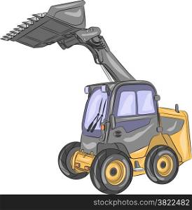 Compact mini loader with raised bucket isolated on a white background.