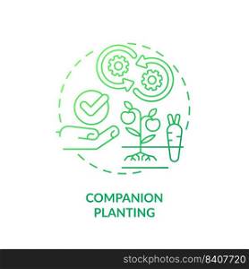 Companion planting green gradient concept icon. Planting different crops together. Gardening method abstract idea thin line illustration. Isolated outline drawing. Myriad Pro-Bold font used. Companion planting green gradient concept icon
