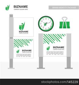 Company advertisment banner with clock  and clip vector with nature logo. For web design and application interface, also useful for infographics. Vector illustration.