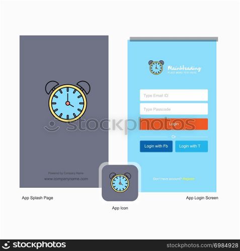 Company Alarm clock Splash Screen and Login Page design with Logo template. Mobile Online Business Template