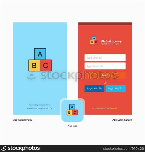 Company Alphabets blocks Splash Screen and Login Page design with Logo template. Mobile Online Business Template