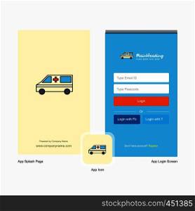 Company Ambulance Splash Screen and Login Page design with Logo template. Mobile Online Business Template