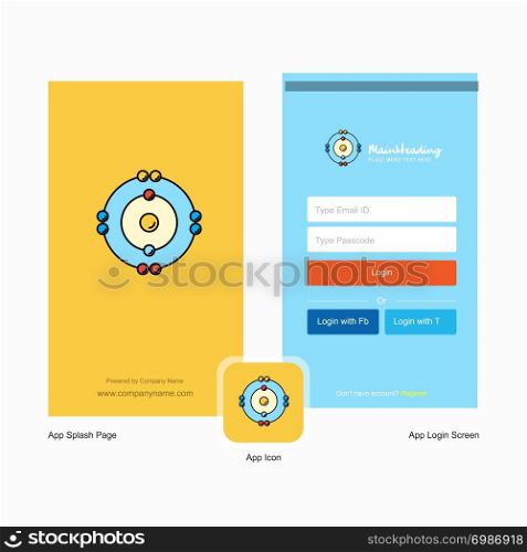 Company Atoms Splash Screen and Login Page design with Logo template. Mobile Online Business Template