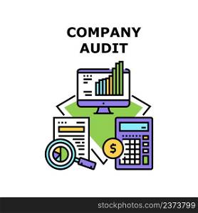 Company Audit Vector Icon Concept. Company Audit Accountant Business, Researching Annual Financial Report, Calculating Income And Expense On Calculator And Computer Color Illustration. Company Audit Vector Concept Color Illustration