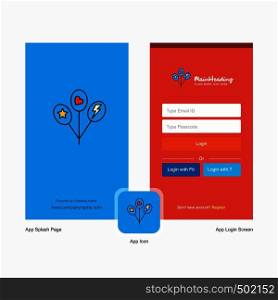 Company Balloons Splash Screen and Login Page design with Logo template. Mobile Online Business Template