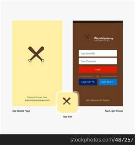 Company Baseball bat Splash Screen and Login Page design with Logo template. Mobile Online Business Template