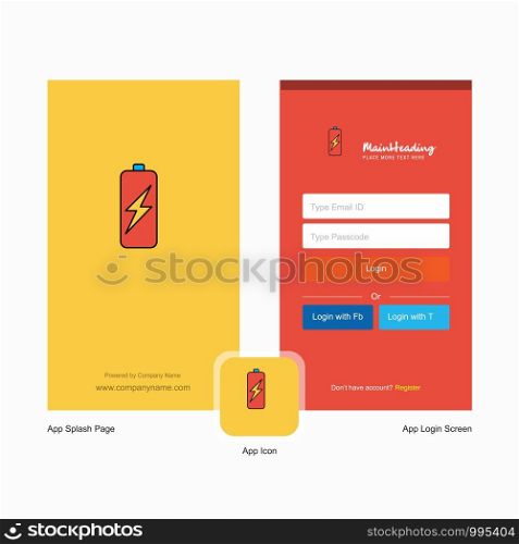 Company Battery charging Splash Screen and Login Page design with Logo template. Mobile Online Business Template