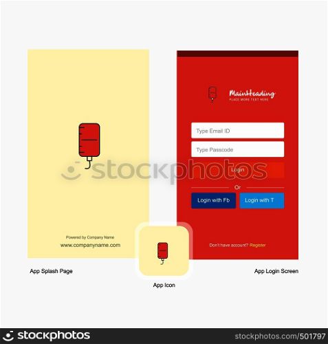 Company Blood bottle Splash Screen and Login Page design with Logo template. Mobile Online Business Template