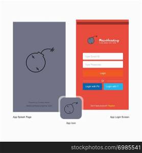 Company Bomb Splash Screen and Login Page design with Logo template. Mobile Online Business Template