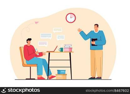 Company boss giving tasks to upset employee who very busy. Supervisor and worker communicating flat vector illustration. Effective management concept for banner, website design or landing web page