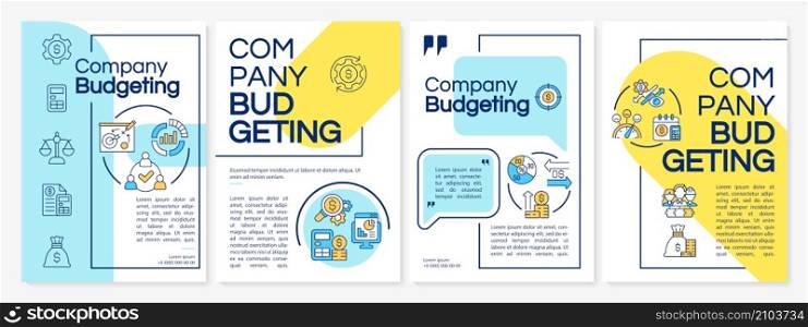 Company budgeting blue and yellow brochure template. Financial project. Booklet print design with linear icons. Vector layouts for presentation, annual reports, ads. Questrial, Lato-Regular fonts used. Company budgeting blue and yellow brochure template