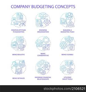 Company budgeting blue gradient concept icons set. Financial plan for business idea thin line color illustrations. Isolated outline drawings. Roboto-Medium, Myriad Pro-Bold fonts used. Company budgeting blue gradient concept icons set