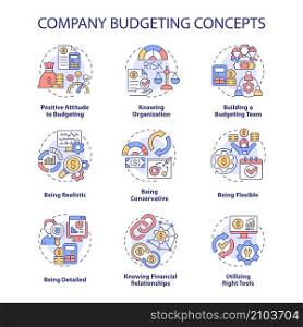 Company budgeting concept icons set. Financial plan for business idea thin line color illustrations. Isolated outline drawings. Editable stroke. Roboto-Medium, Myriad Pro-Bold fonts used. Company budgeting concept icons set