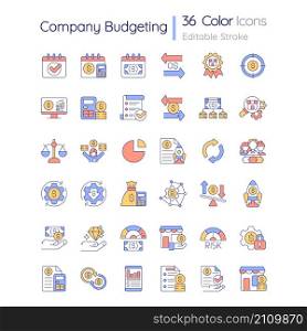Company budgeting RGB color icons set. Financial plan for business. Expenses, income. Isolated vector illustrations. Simple filled line drawings collection. Editable stroke. Quicksand-Light font used. Company budgeting RGB color icons set