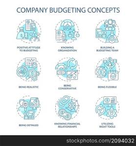 Company budgeting turquoise concept icons set. Financial plan for business idea thin line color illustrations. Isolated outline drawings. Editable stroke. Roboto-Medium, Myriad Pro-Bold fonts used. Company budgeting turquoise concept icons set