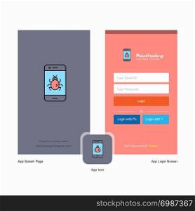 Company Bug on a smartphone Splash Screen and Login Page design with Logo template. Mobile Online Business Template