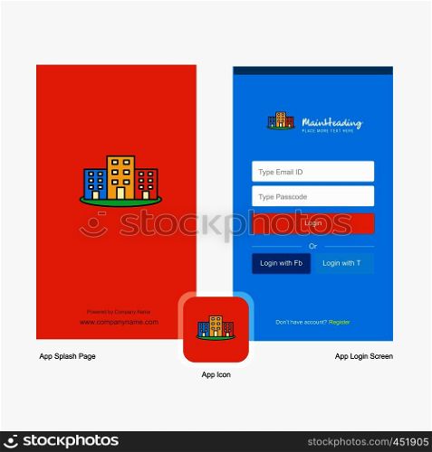 Company Buildings Splash Screen and Login Page design with Logo template. Mobile Online Business Template